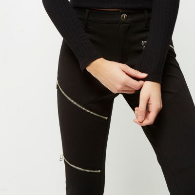 Black ponte skinny zip trousers